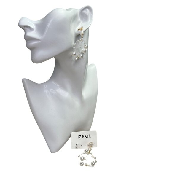 Faux Pearl Rhinestone Spray Dangle Earrings Floating Clear Wire Zegl NWT - Picture 1 of 5
